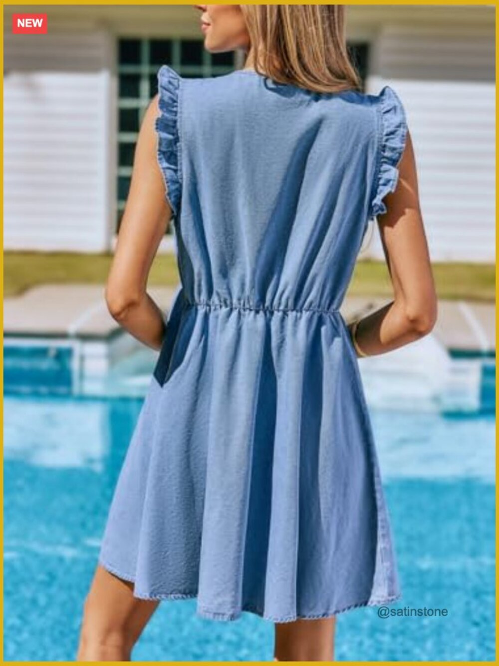 Women's Denim Summer Dress Cotton Plunging V Neck Casual Sundress Ruffle - Picture 2 of 7
